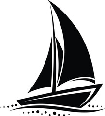 Minimalist sailboat vector with bold black sails and stylized wave dots, perfect for nautical design, travel, and adventure themes.