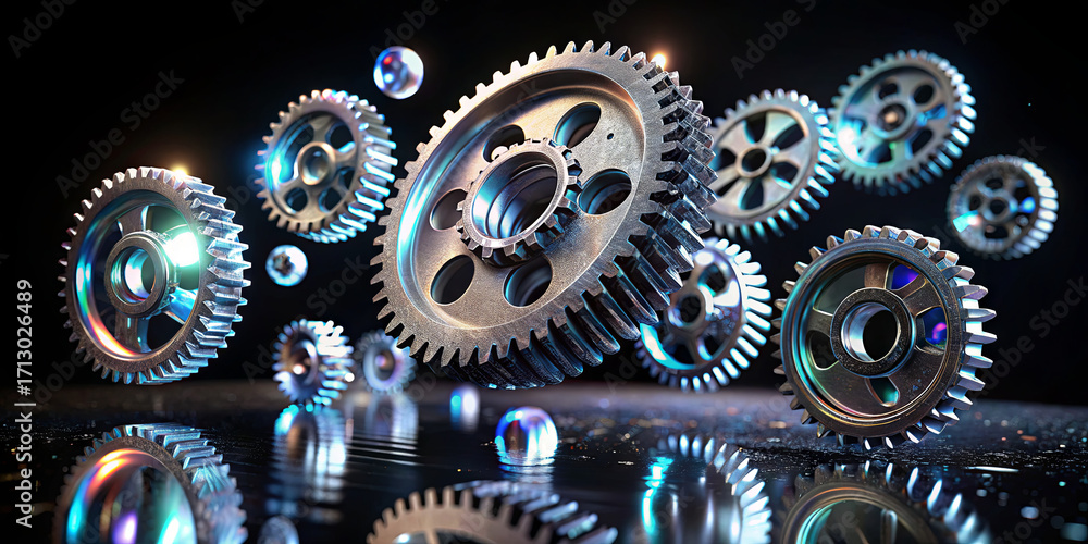 Poster metallic gears of various sizes and styles float in the air, reflecting colorful lights against a da