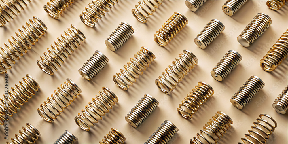 Poster various metal coil springs are neatly arranged in rows on a light surface. the springs differ in siz