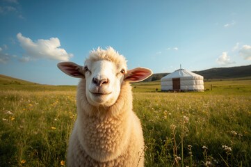 White sheep gazing at the lens on a lush grassy field with a distant yurt in the background