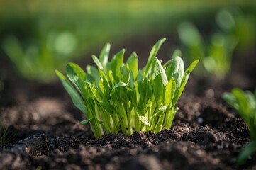Close-up of young arugula plants emerging from soil during early spring