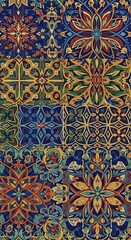 A vibrant design featuring intricate patterns in a mosaic-style arrangement of colorful tiles.