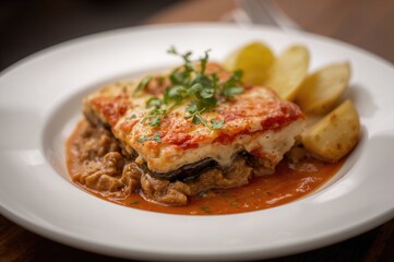 Close-up of traditional layered moussaka featuring potatoes on a dish