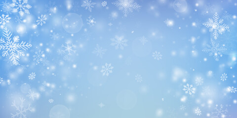 Blue winter sky background. Soft white snowflakes falling on a light blue gradient backdrop, glowing bokeh lights. Peaceful snowy landscape, wallpaper for holiday designs, banners, greeting cards.