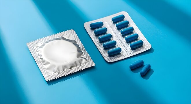 Blue pill supplement with condom on blue background, banner template for sexual health safe sex ED treatment contraception and awareness promotion with copyspace. - Powered by Adobe
