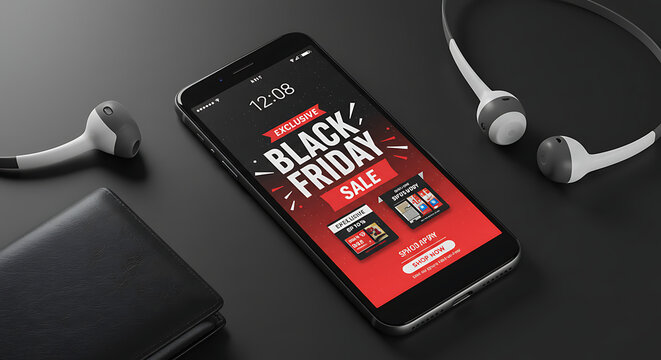 A sleek mobile phone showcases a Black Friday Sale advertisement, positioned alongside a leather wallet and stylish earbuds on a dark, contemporary surface.