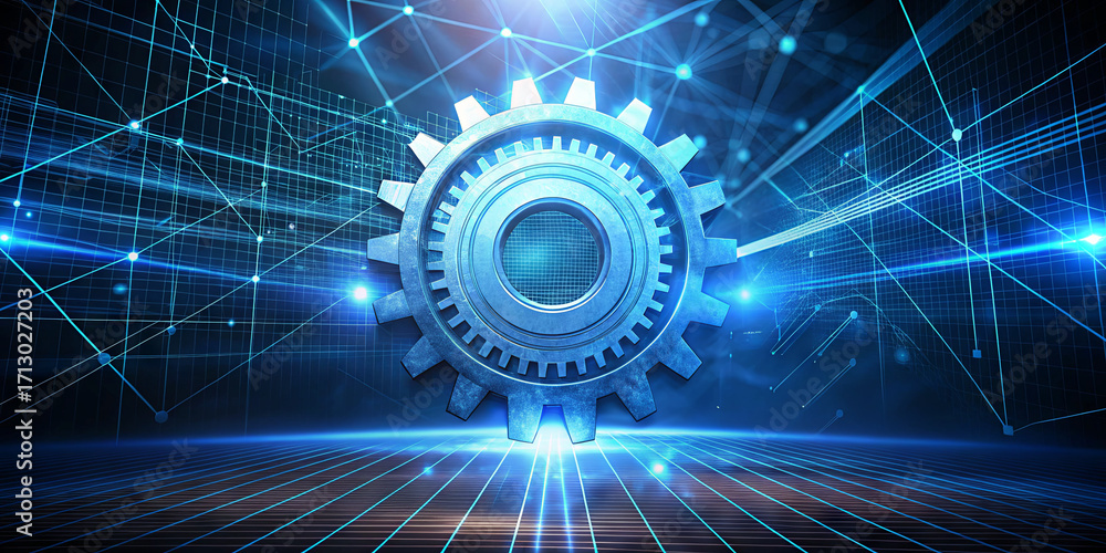 Poster a large blue gear sits in a virtual environment filled with glowing lines and points, symbolizing te