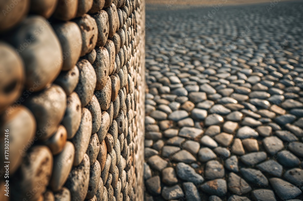 Poster continuous rounded cobblestone surface pattern. outdoor cobblestone floor design. detailed view of a