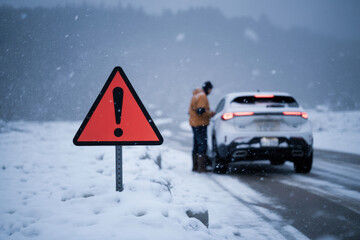 Cautious Driver Checking Car in Snowy Conditions Near Warning Sign on Quiet Road