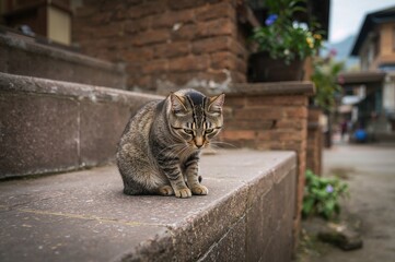 Obraz premium Serious Tabby Cat Perched on House Steps