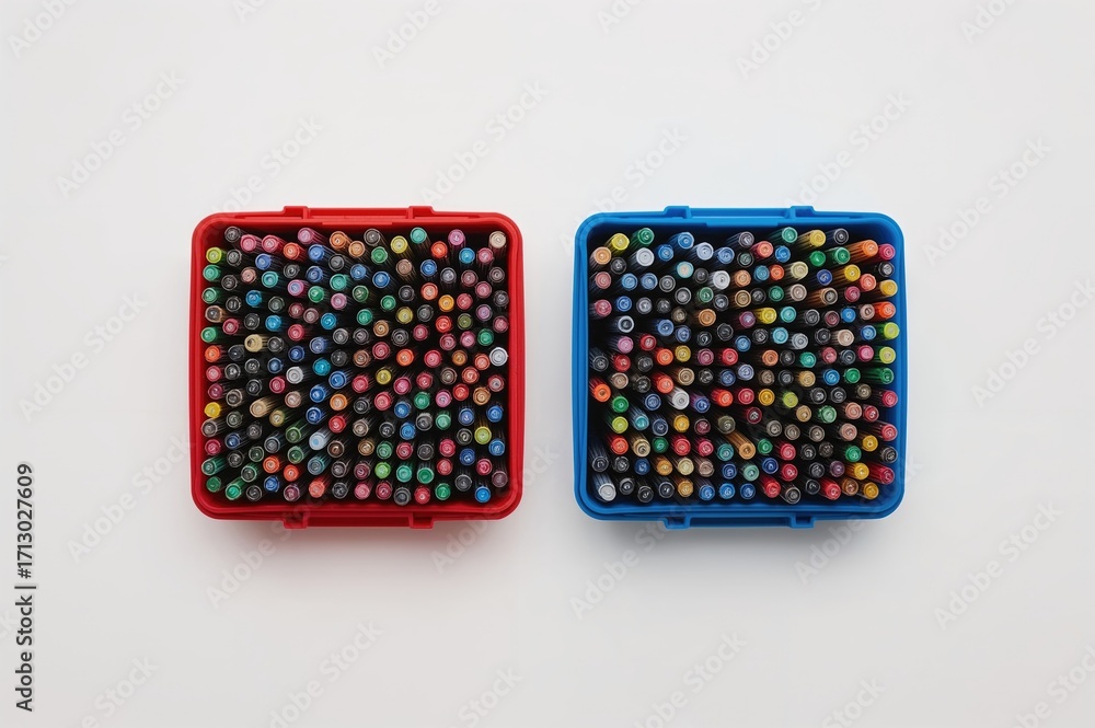 Poster Two colorful storage boxes filled with vibrant fine-tip markers neatly organized against a plain white backdrop