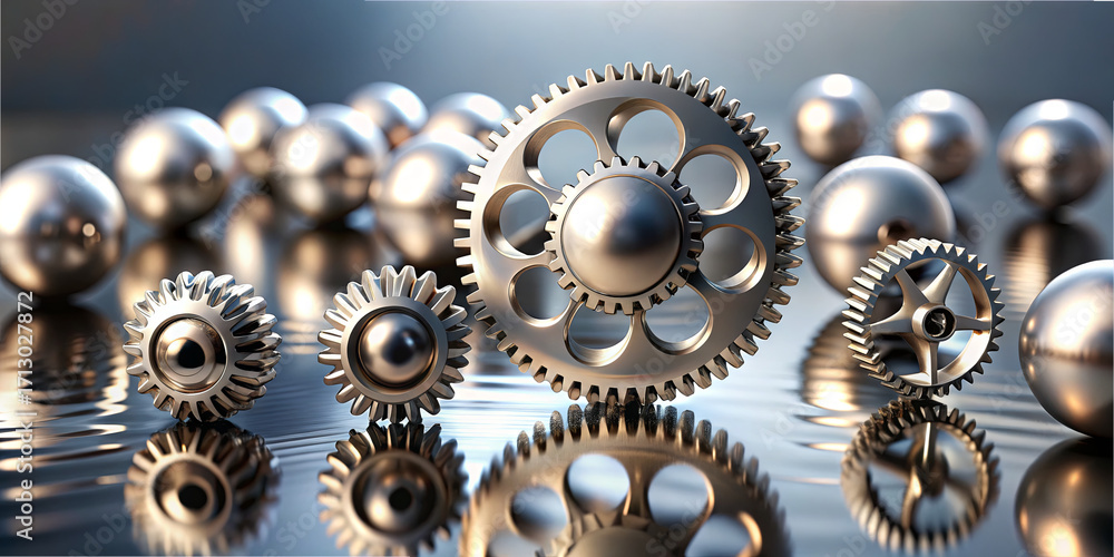Aufkleber a collection of silver metallic gears and spheres sits on still water, reflecting light. the intrica
