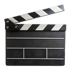 Fototapeta premium Open Black Movie Clapperboard with Silver and White Stripes on Black Background film