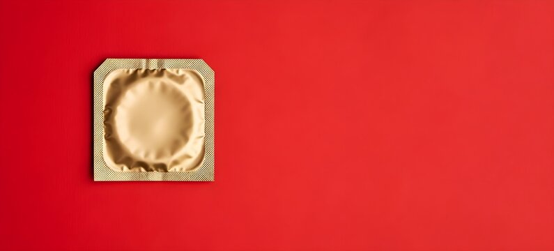 Golden condom package on red background, banner template for safe sex sexual health contraception awareness and prevention of sexually transmitted diseases with copyspace.
