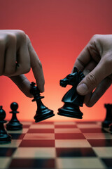 Intense Chess Match Between Two Players with Black Pieces in Dramatic Red Lighting