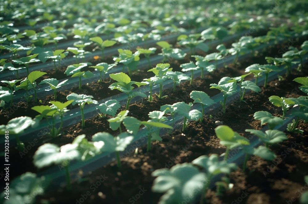Poster cultivating a cucumber patch: fresh cucumber sprouts lined up in orderly rows outdoors.