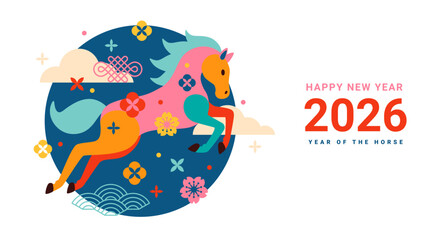 Chinese banner, Happy New Year 2026 poster. Horse silhouette icon, flowers, asian clouds on white background. Vector illustration. Astrology China lunar calendar animal symbol. Place for text