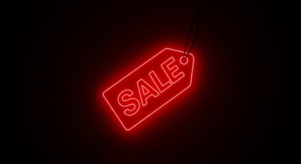 A glowing neon sale tag pulsates against a deep black canvas, capturing the essence of commerce and promotion in this sleek and modern image.
