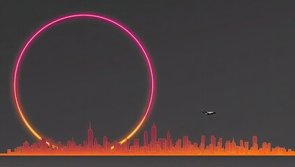 City skyline, neon ring, airplane