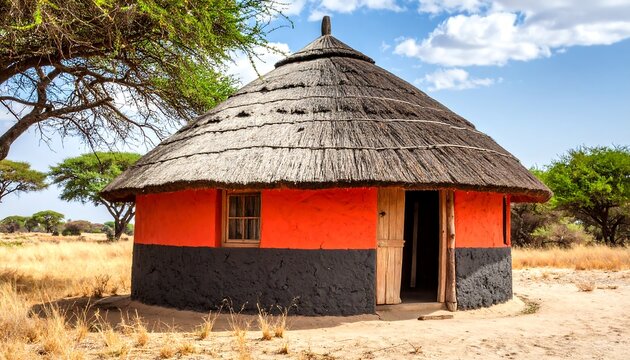 Round traditional house in African savanna