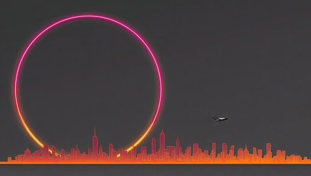 City skyline, neon ring, airplane