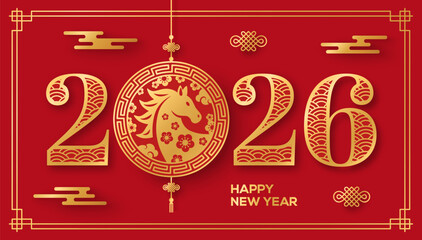 2026 Chinese New Year Typography, greeting card with gold emblem and asian clouds on red background. Circle logo emblem with Lunar Horse and Luck Knots. Paper cut traditional Japanese frame border
