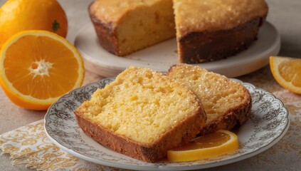 Close-up of a moist orange pound cake on a serving dish with orange segments and a whole pie in the backdrop, perfect for a traditional tea break.