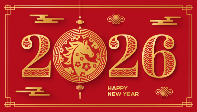 2026 Chinese New Year Typography, greeting card with gold emblem and asian clouds on red background. Circle logo emblem with Lunar Horse and Luck Knots. Paper cut traditional Japanese frame border - Powered by Adobe