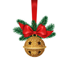 Gold texture jingle bell hanging. Red ribbon bow with spruce tree branch. Christmas 3d icon isolated on white background. Vector illustration. Happy New Year vintage decoration. Xmas party poster
