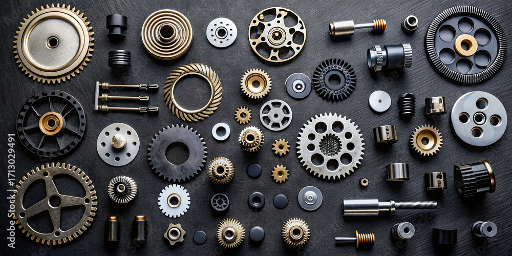 Poster various gears and mechanical parts are neatly organized on a black surface. the scene showcases diff