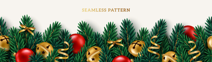 Merry Christmas fir tree branch garland, gold vintage jingle bells, red bauble, serpentine on white background. Vector illustration. Holiday party seamless border frame poster, voucher banner design