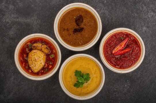 Trio of sauces in ceramic dishes, overhead shot, culinary presentation, no humans