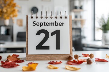 Wooden calendar showing the 21st day of the fall month for office use. Autumn theme.