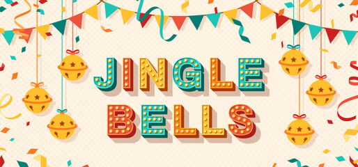 Jingle bells retro poster. 3d text logo, vintage font with light bulbs. Vector illustration. Merry Christmas phrase quote. Holiday concept, Xmas banner. Streamers, confetti and hanging flag garlands