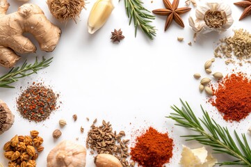 Assortment of dry spices including ginger, garlic, rosemary, and bay leaf on a white surface with space for text