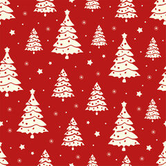 Christmas trees and snowflakes pattern on red background
