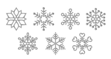 3d Silver Snowflakes Set. Ice realistic Merry Christmas decoration isolated on white background. Xmas Icons Vector illustration. Snow flake frozen shape bauble, Happy New Year winter symbol
