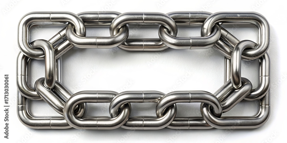 Poster a long metallic chain made of durable links is displayed against a light background. this chain is i