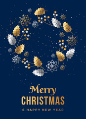 Merry Christmas 2026 blue poster. Happy New Year background, gold silver holly ilex leaves, snowflakes, confetti. Vector illustration. Winter holiday minimal flyer, banner template. Xmas wreath