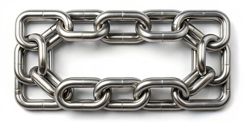 Fototapeta premium A long metallic chain made of durable links is displayed against a light background. This chain is ideal for construction or heavy-lifting tasks requiring strength