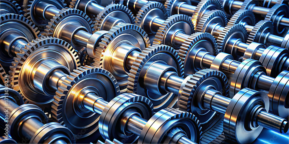Poster a detailed arrangement of metallic gears showcases precision engineering. these gears interlock seam