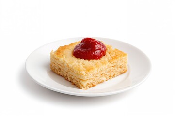 Square shortbread biscuit with strawberry jam served on a white plate