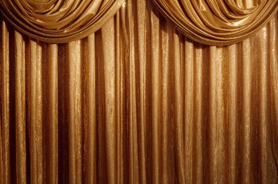 A sumptuous golden textile with rich texture, gracefully gathered in gentle pleats and softly lit, offering a refined and adaptable backdrop ideal for theatrical drapes or celebratory decorations