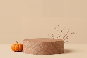 Autumn-themed beige and wooden display featuring pumpkins on a minimalist pedestal for beauty product promotion.