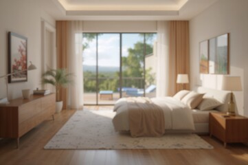 Fototapeta premium Softly focused modern bedroom with natural illumination, gentle hues, and stylish decor for a calm and welcoming vibe
