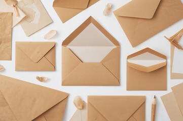 Collection of kraft paper envelopes and blank letters on a white background
