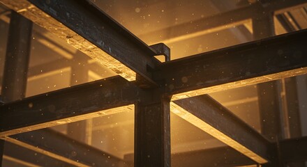 Dramatic industrial steel beam framework with warm light and floating dust