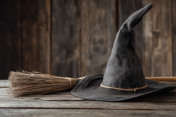 Black witch hat and broomstick on wooden table