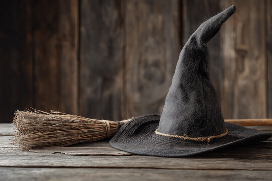 Black witch hat and broomstick on wooden table