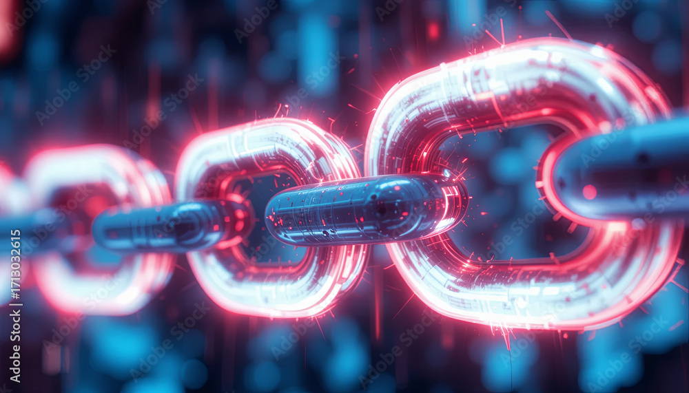 Poster a vibrant, glowing chain links show the concept of blockchain technology in a futuristic setting. th